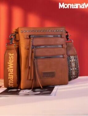 NWT Brown Montana West Tan Crossbody Bag with Stud Accents